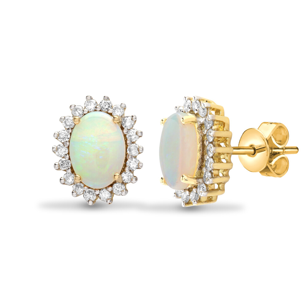 Jewelco London Ladies 18ct Yellow Gold Cluster Set Round G SI 0.3ct Diamond and Oval Opal Royal Cluster Stud Earrings - 18E183