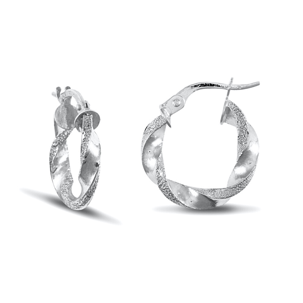 Jewelco London Ladies 9ct White Gold Frosted Edge Twisted 3mm Hoop Earrings 17mm - JER671A