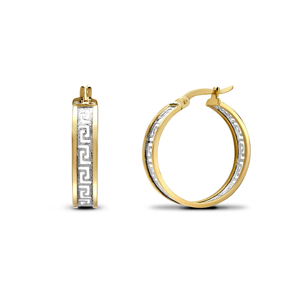 Jewelco London Ladies 9ct Yellow and White Gold Frosted Meander Greek Key Hoop Earrings 20mm - JER783A
