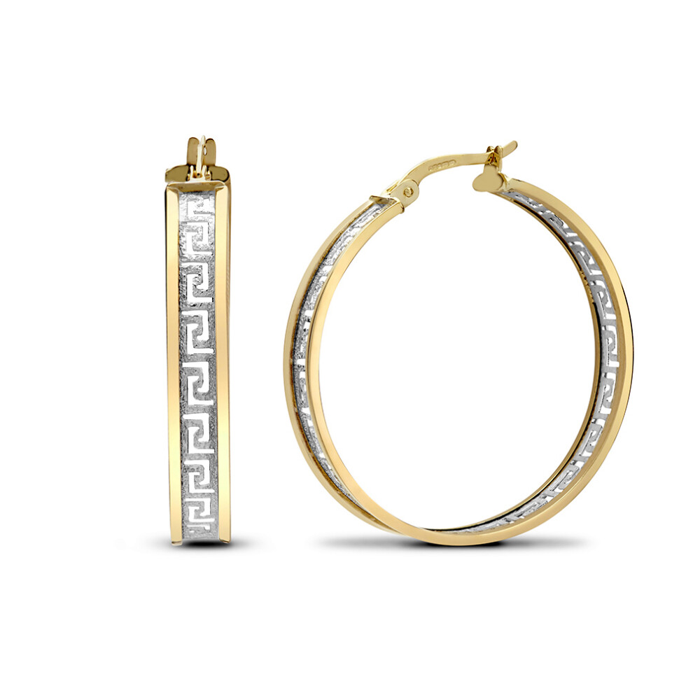 Jewelco London Ladies 9ct Yellow and White Gold Frosted Meander Greek Key Hoop Earrings 30mm - JER783B