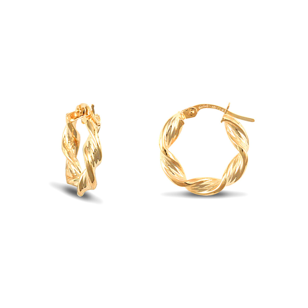 Jewelco London Ladies 9ct Yellow Gold Barked Platted Candy Twist 3.5mm Hoop Earrings 17mm - JER149