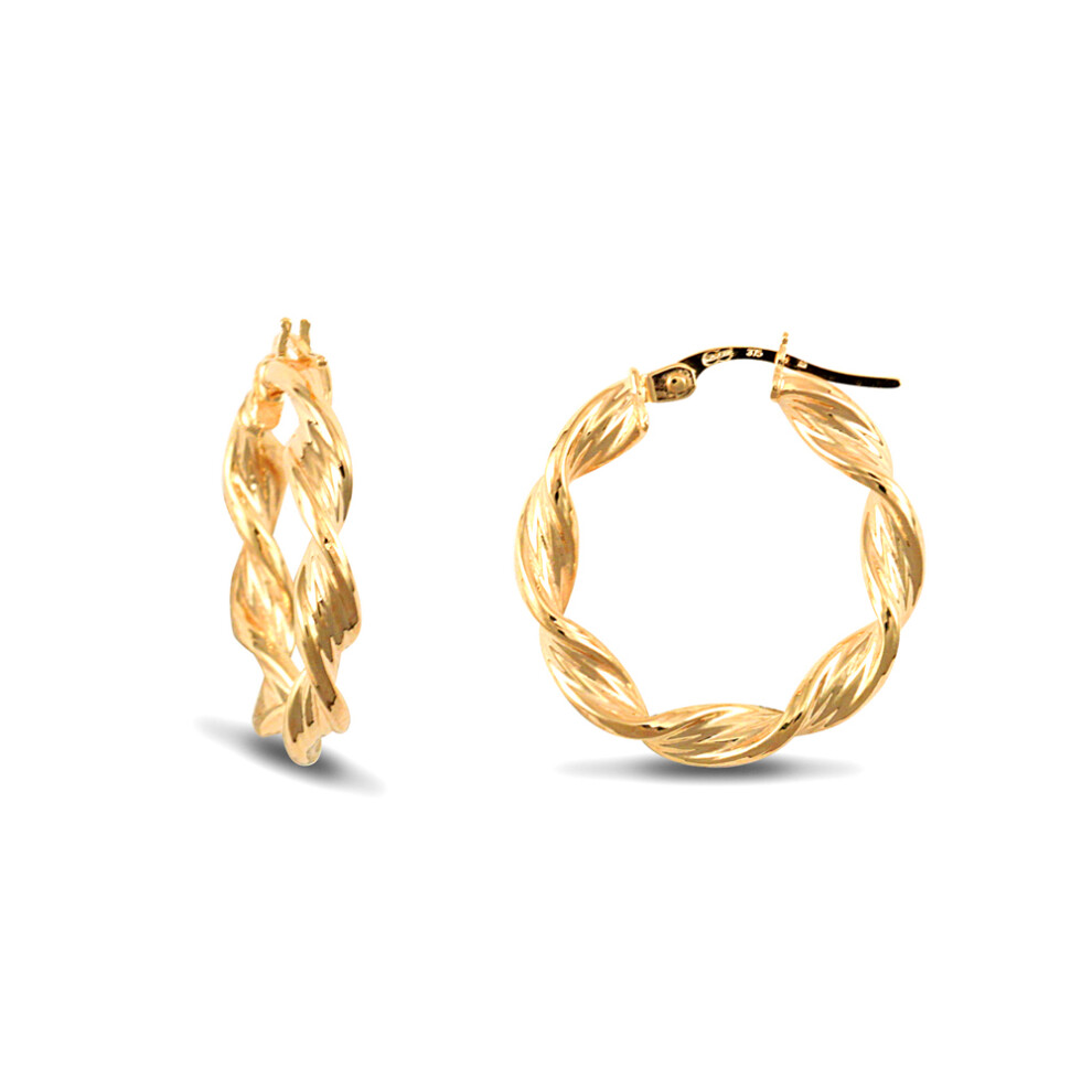 Jewelco London Ladies 9ct Yellow Gold Barked Platted Candy Twist 3.5mm Hoop Earrings 22mm - JER150