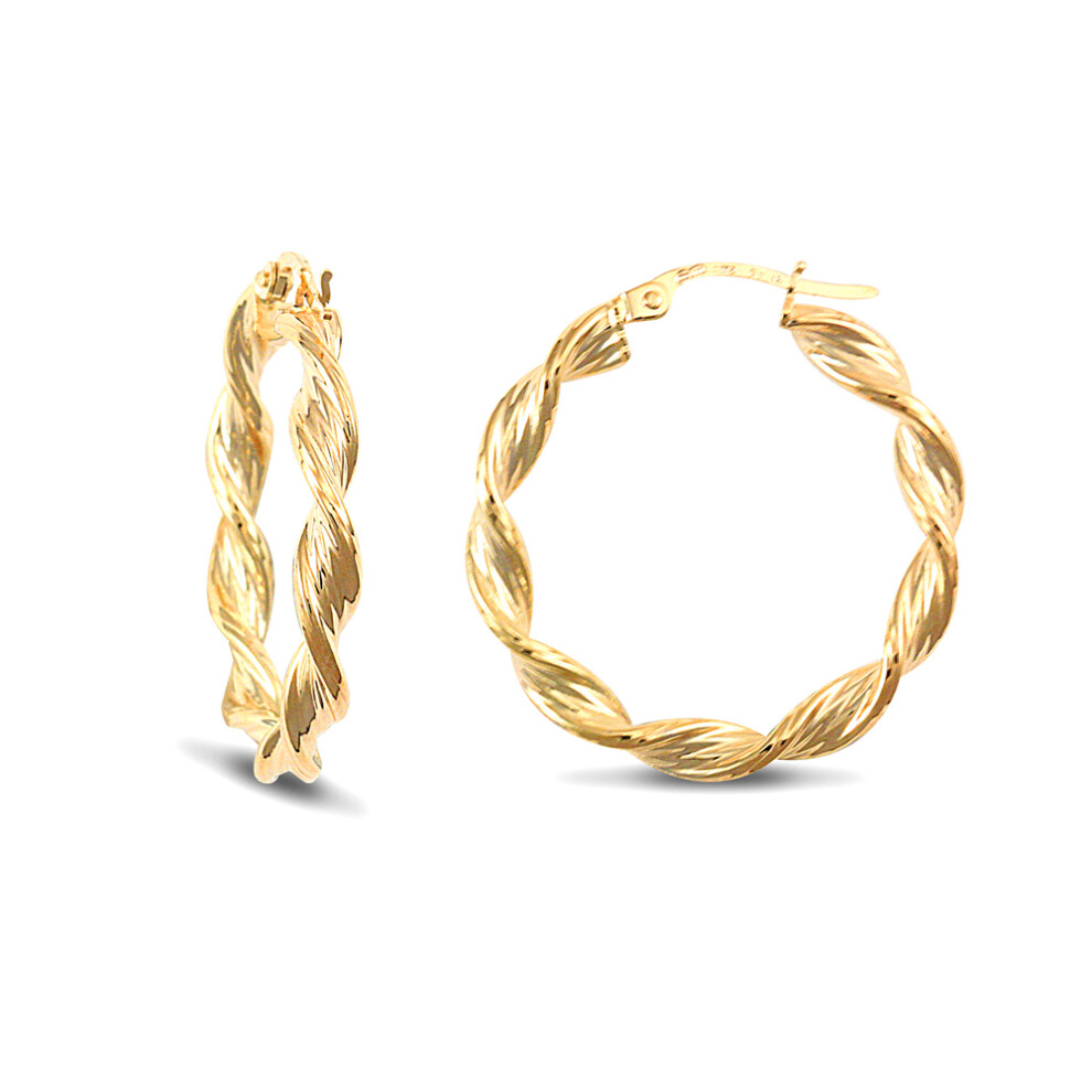 Jewelco London Ladies 9ct Yellow Gold Barked Platted Candy Twist 3.5mm Hoop Earrings 27mm - JER151