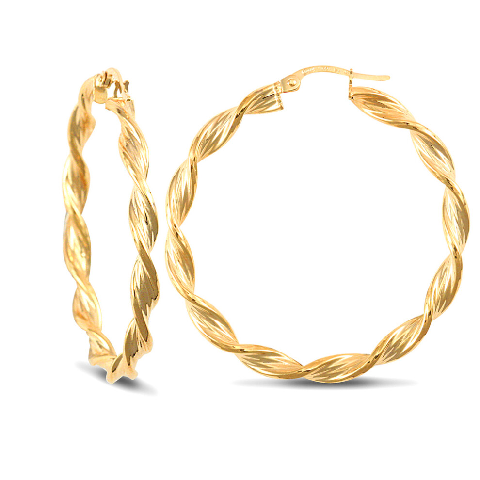Jewelco London Ladies 9ct Yellow Gold Barked Platted Candy Twist 3.5mm Hoop Earrings 37mm - JER152