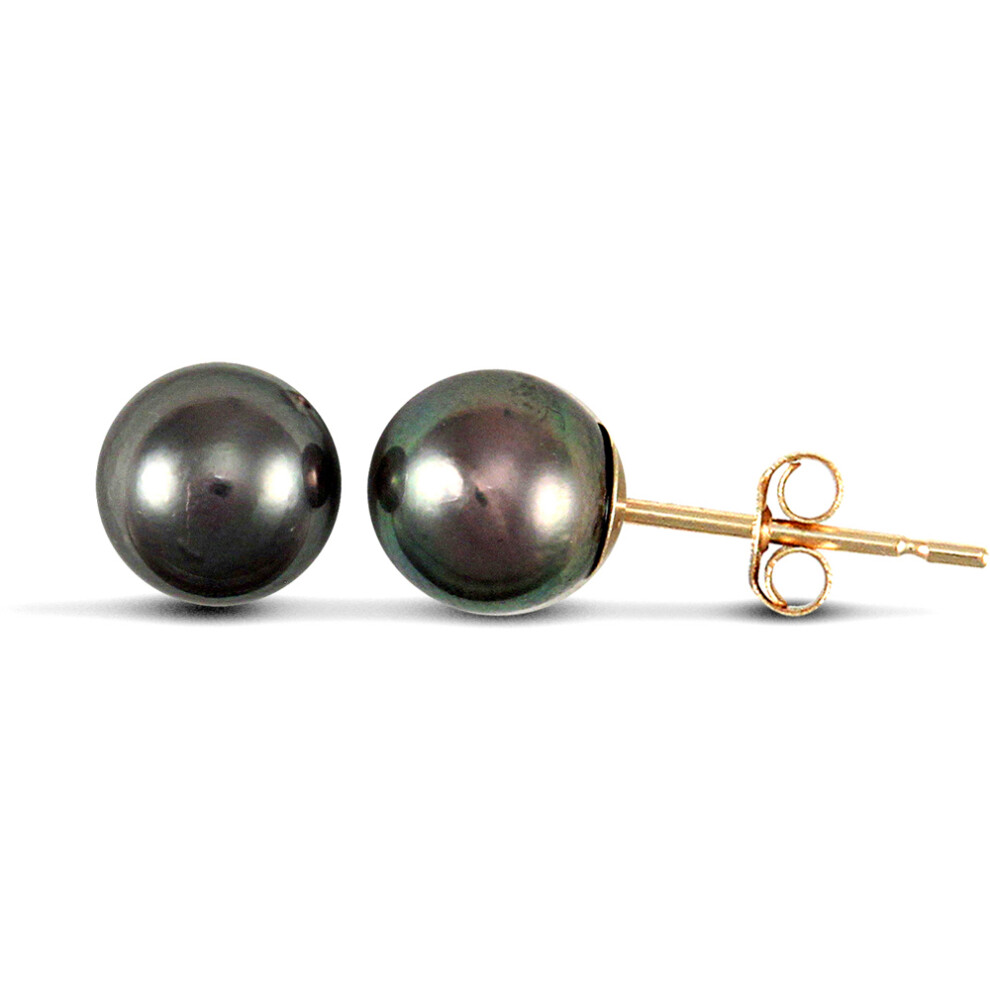 Jewelco London Ladies 9ct Yellow Gold Black Iridescent Peacock Seawater Cultured Akoya Pearl Full Moon Stud Earrings 6-6.5mm - JES148