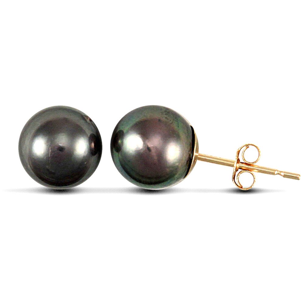 Jewelco London Ladies 9ct Yellow Gold Black Iridescent Peacock Seawater Cultured Akoya Pearl Full Moon Stud Earrings 7-7.5mm - JES149
