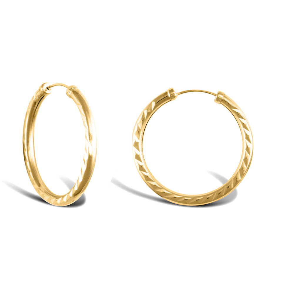 Jewelco London Ladies 9ct Yellow Gold Diamond Cut Capped Sleeper 2.5mm Hoop Earrings 25mm - JER744C