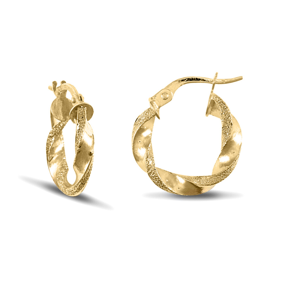 Jewelco London Ladies 9ct Yellow Gold Frosted Edge Twisted 3mm Hoop Earrings 17mm - JER678A