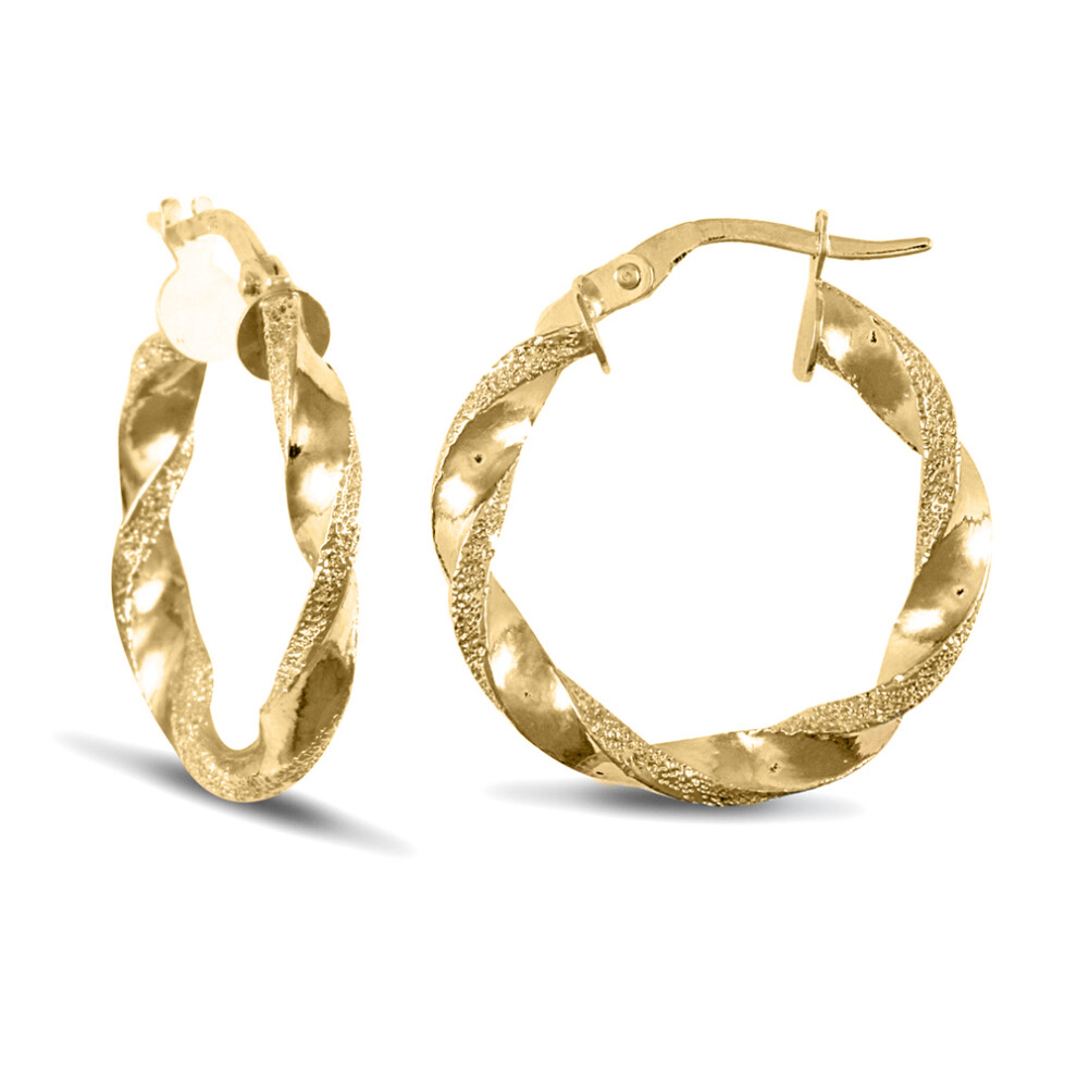 Jewelco London Ladies 9ct Yellow Gold Frosted Edge Twisted 3mm Hoop Earrings 22mm - JER678B