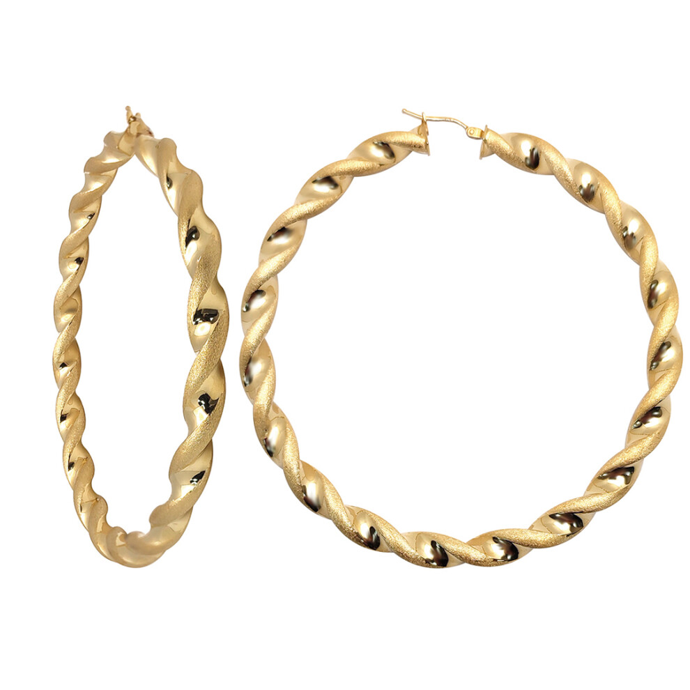 Jewelco London Ladies 9ct Yellow Gold Frosted Satin Chunky Twist 6mm Hoop Earrings 70mm - JER769C