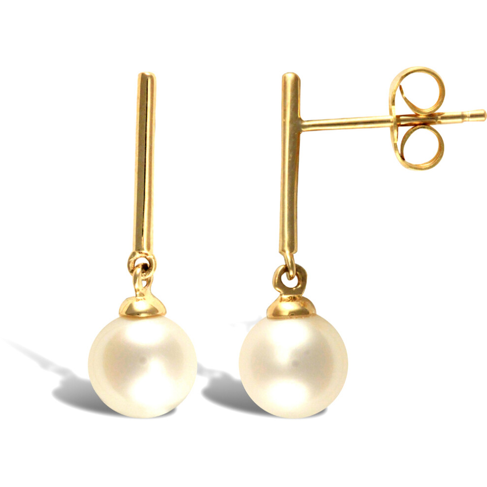 Jewelco London Ladies 9ct Yellow Gold Seawater Cultured Akoya Pearl Bar Stud Drop Earrings 6.5-7mm - JES341