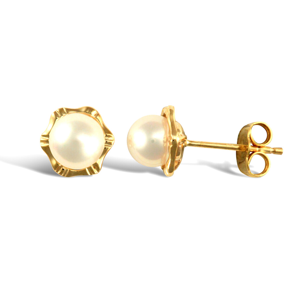 Jewelco London Ladies 9ct Yellow Gold Seawater Cultured Akoya Pearl Flower Stud Earrings 5.5-6mm - JES342