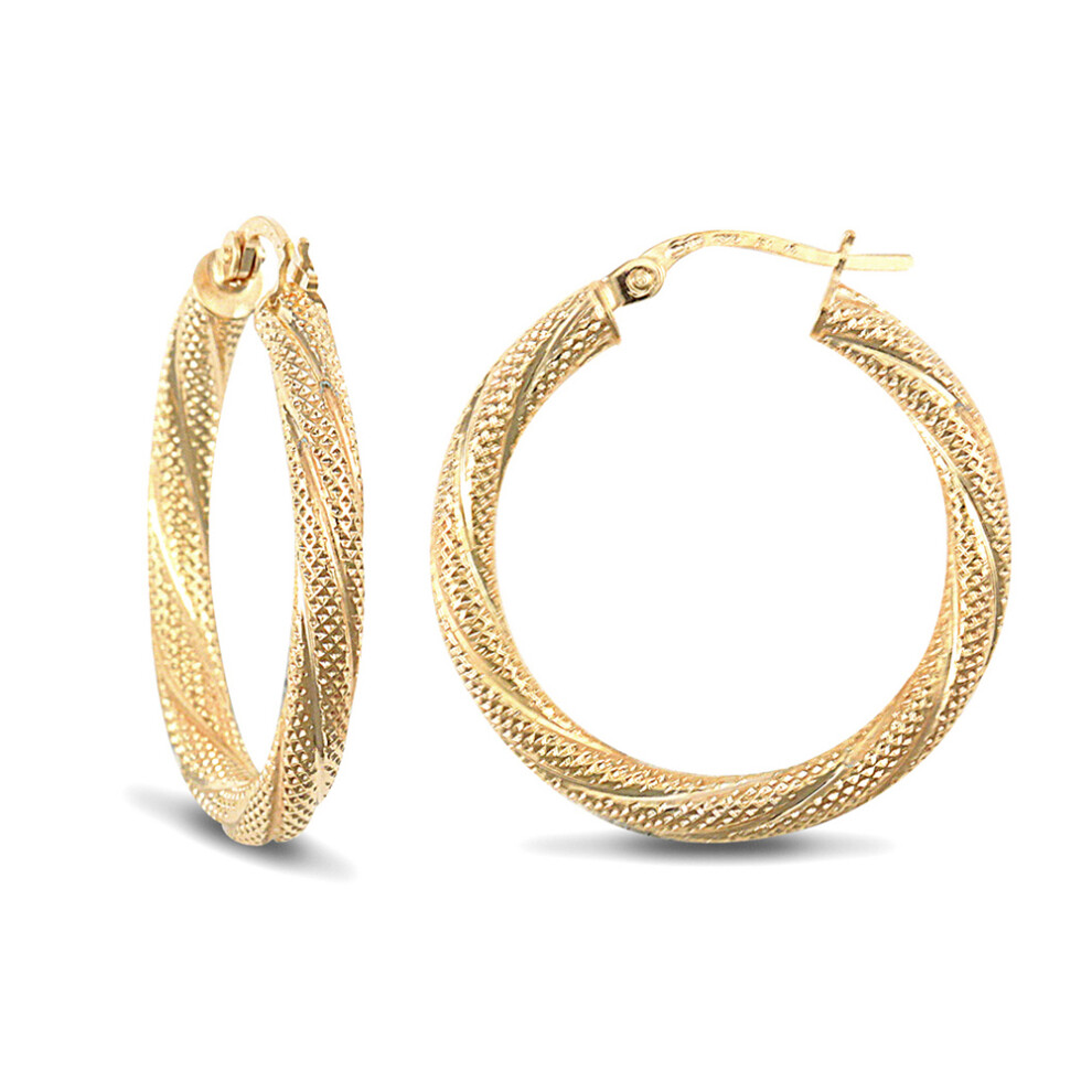 Jewelco London Ladies 9ct Yellow Gold Snake Skin Twisted 3mm Hoop Earrings 25mm - JER457C