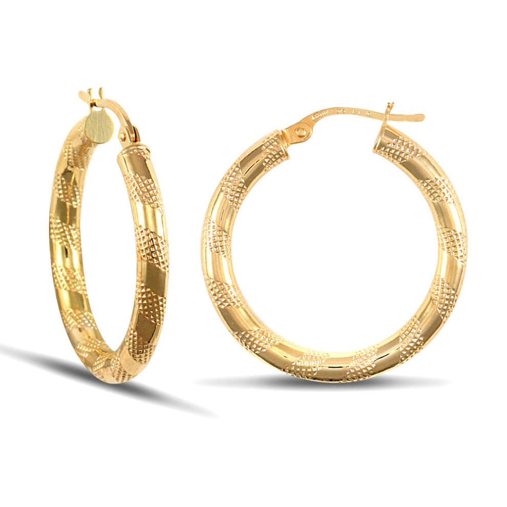 Jewelco London Ladies 9ct Yellow Gold Textured Striped 3mm Hoop Earrings 25mm - JER042A