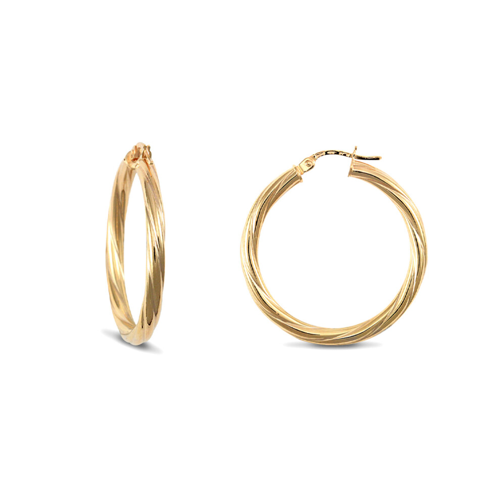 Jewelco London Ladies 9ct Yellow Gold Twisted 3mm Hoop Earrings 30mm - JER197