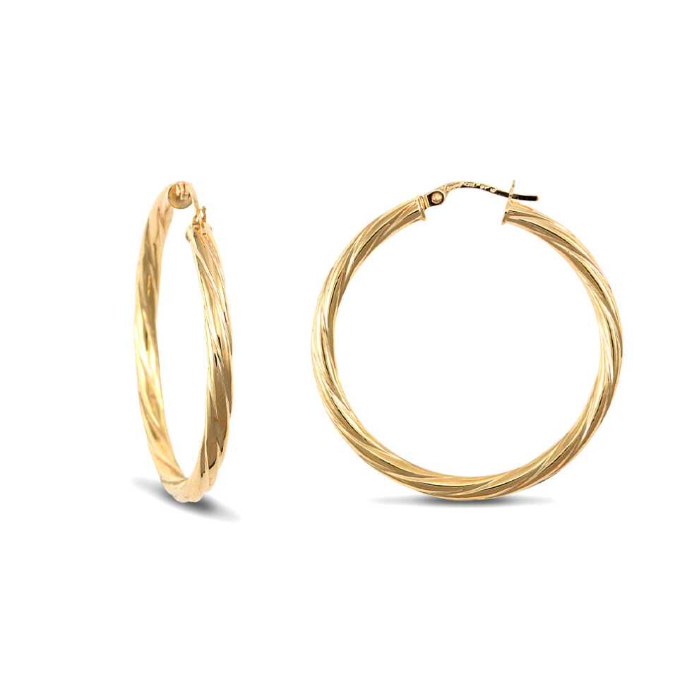 Jewelco London Ladies 9ct Yellow Gold Twisted 3mm Hoop Earrings 35mm - JER198