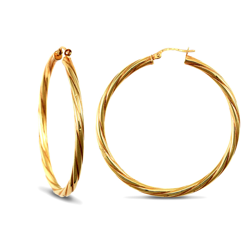 Jewelco London Ladies 9ct Yellow Gold Twisted 3mm Hoop Earrings 45mm - JER199
