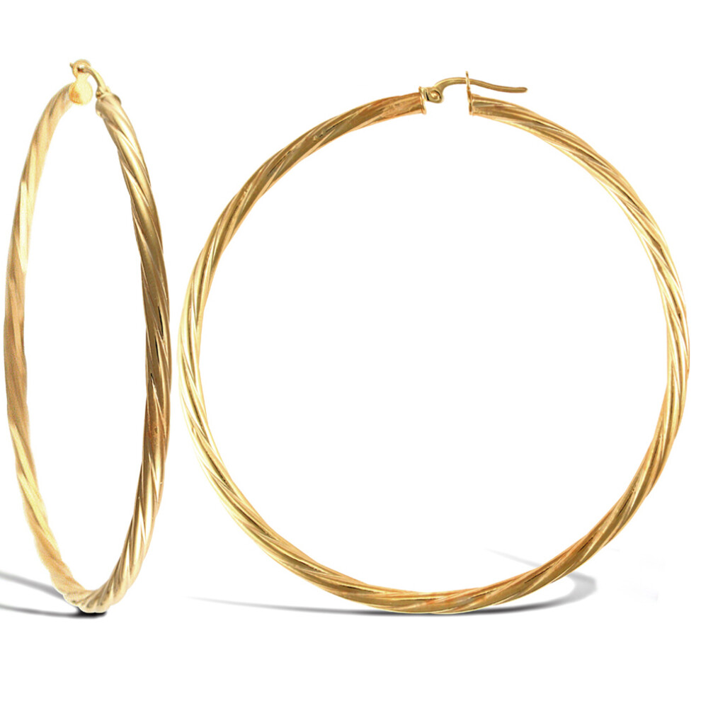 Jewelco London Ladies 9ct Yellow Gold Twisted 3mm Hoop Earrings 65mm - JER200A