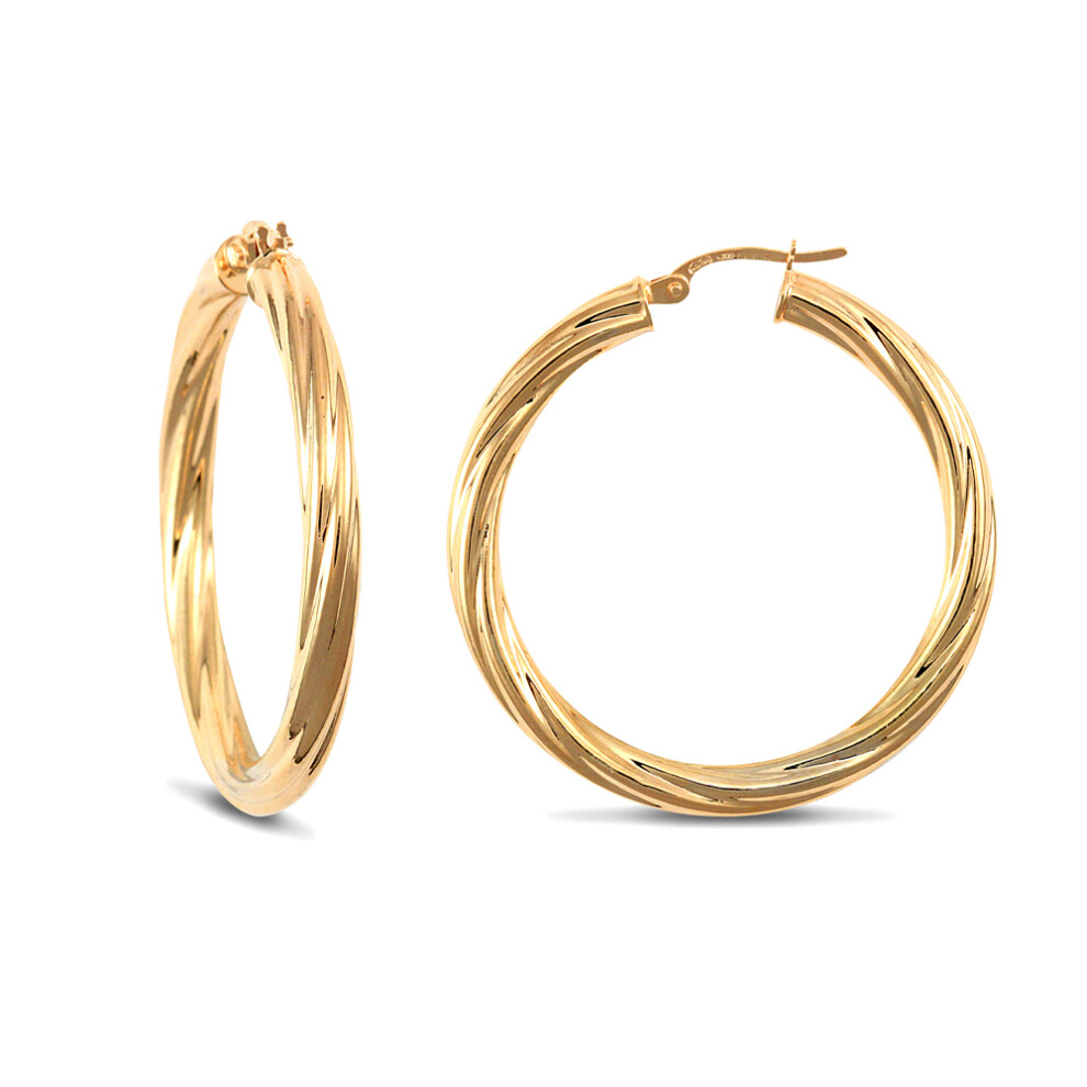 Jewelco London Ladies 9ct Yellow Gold Twisted 4mm Hoop Earrings 37mm - JER204