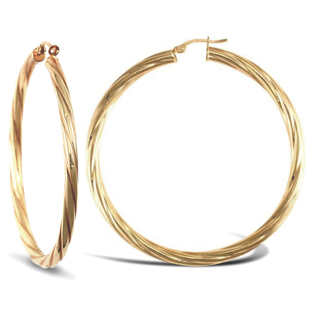 Jewelco London Ladies 9ct Yellow Gold Twisted 4mm Hoop Earrings 57mm - JER206