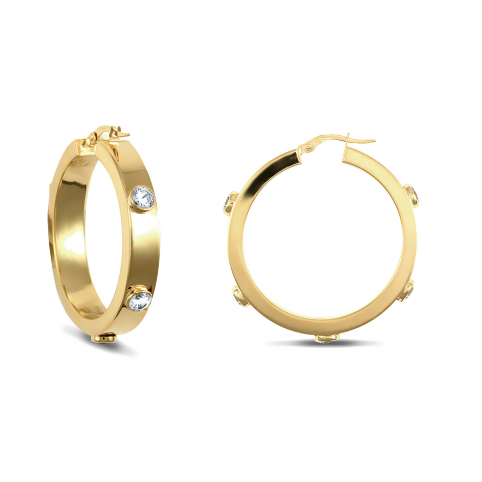 Jewelco London Ladies 9ct Yellow Gold White Round Brilliant Cubic Zirconia Square Tube 6mm Hoop Earrings 34mm - JER482B