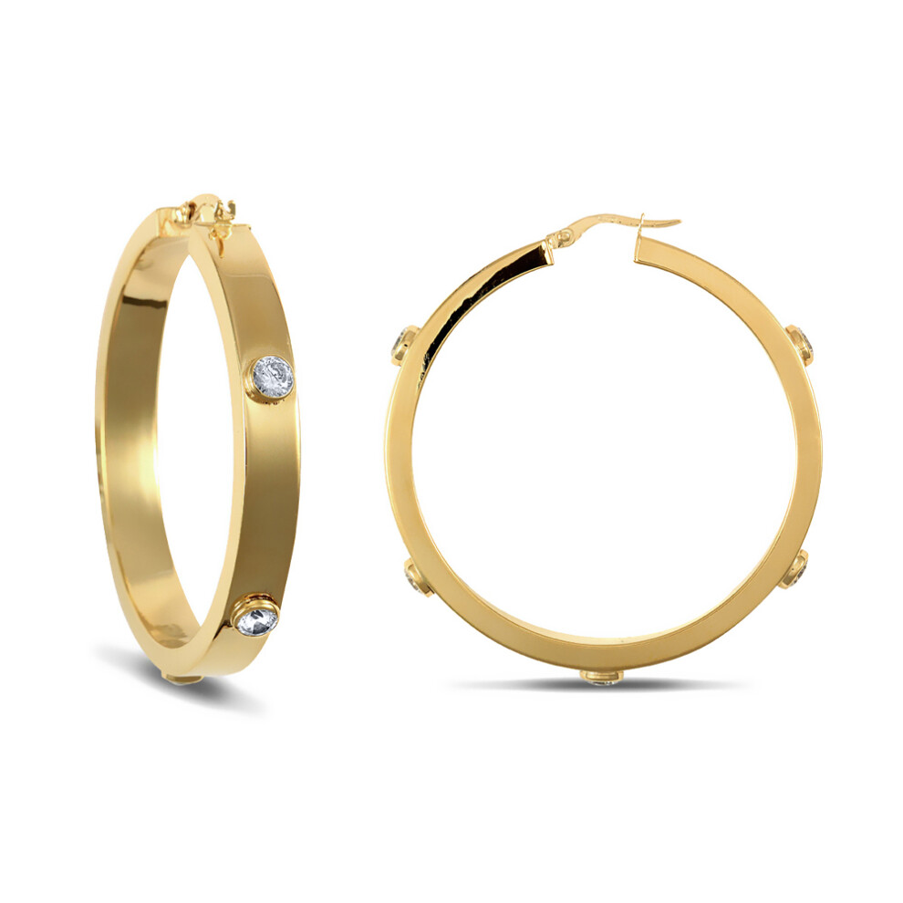 Jewelco London Ladies 9ct Yellow Gold White Round Brilliant Cubic Zirconia Square Tube 6mm Hoop Earrings 46mm - JER482C