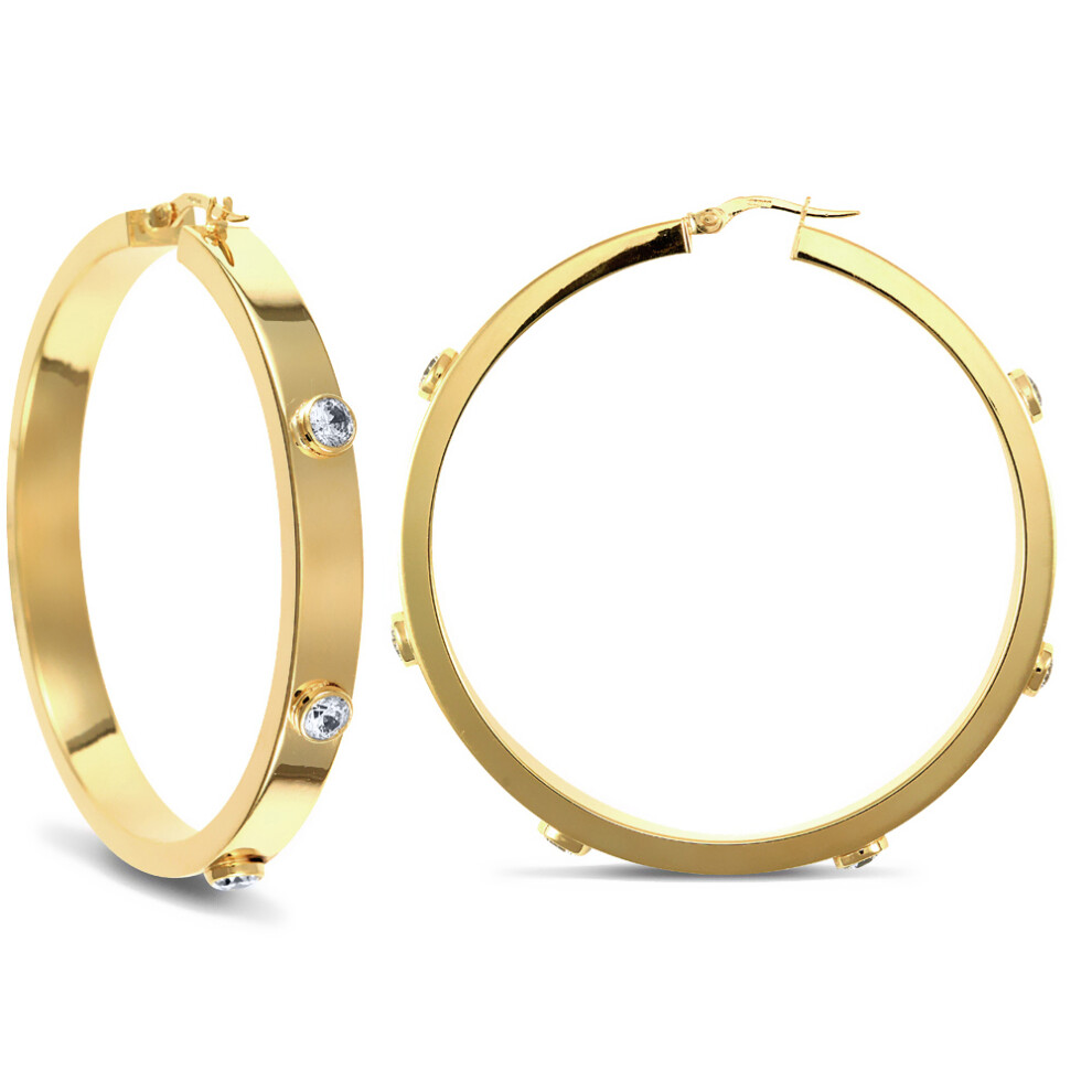 Jewelco London Ladies 9ct Yellow Gold White Round Brilliant Cubic Zirconia Square Tube 6mm Hoop Earrings 55mm - JER482D