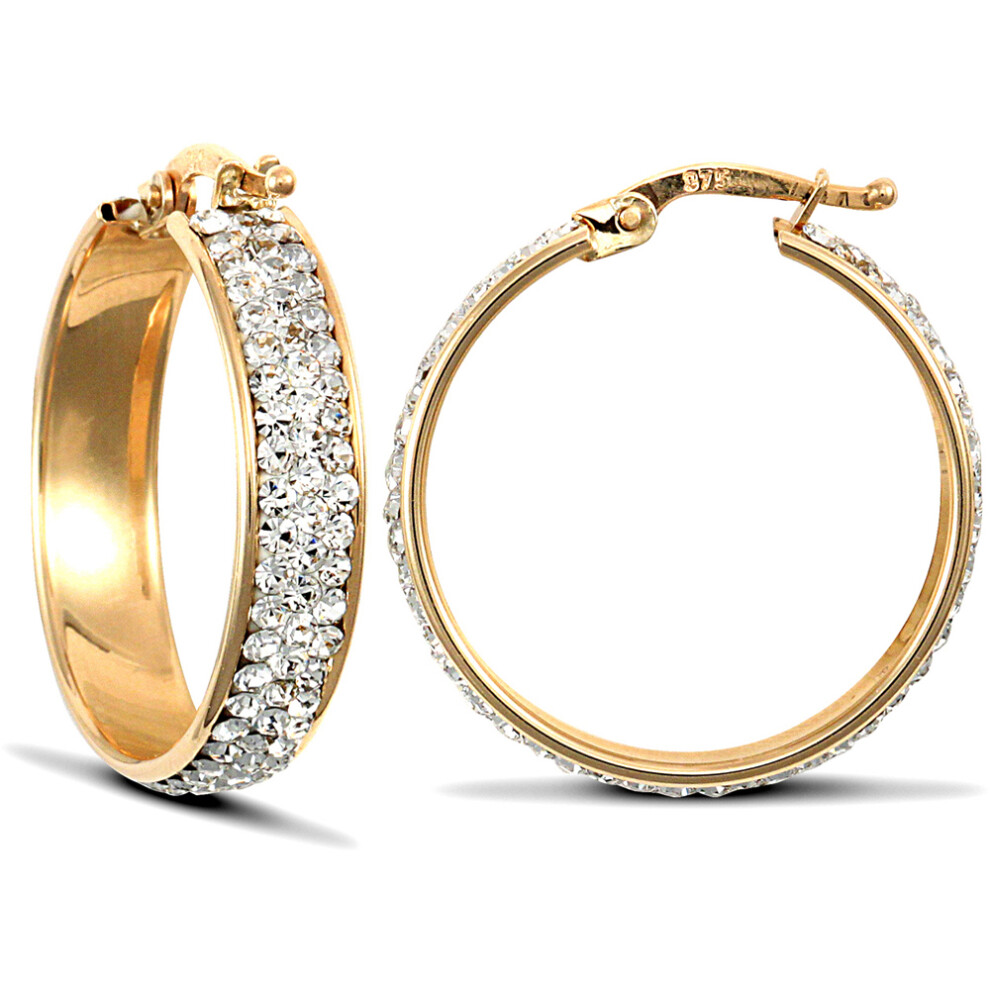 Jewelco London Ladies 9ct Yellow Gold White Round Crystal 3 Row Eternity 5mm Hoop Earrings 23mm - JER737B
