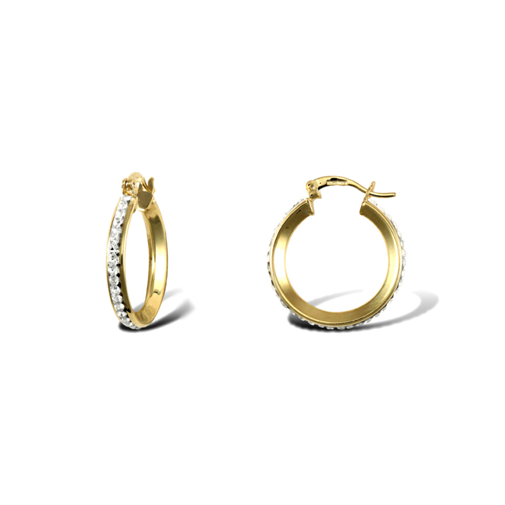 Jewelco London Ladies 9ct Yellow Gold White Round Crystal Eternity 3mm Hoop Earrings 21mm - JER753C