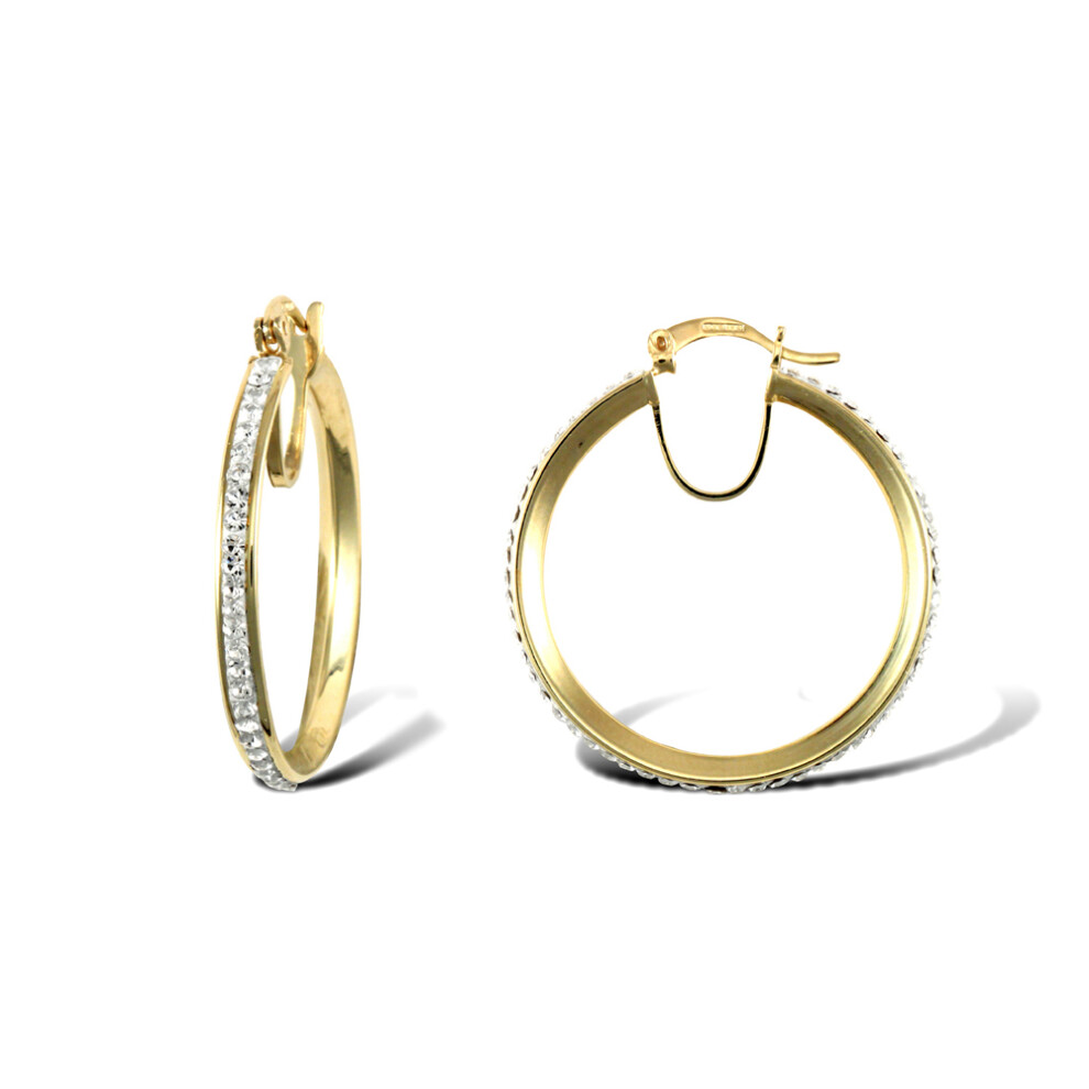 Jewelco London Ladies 9ct Yellow Gold White Round Crystal Eternity 3mm Hoop Earrings 31mm - JER753D