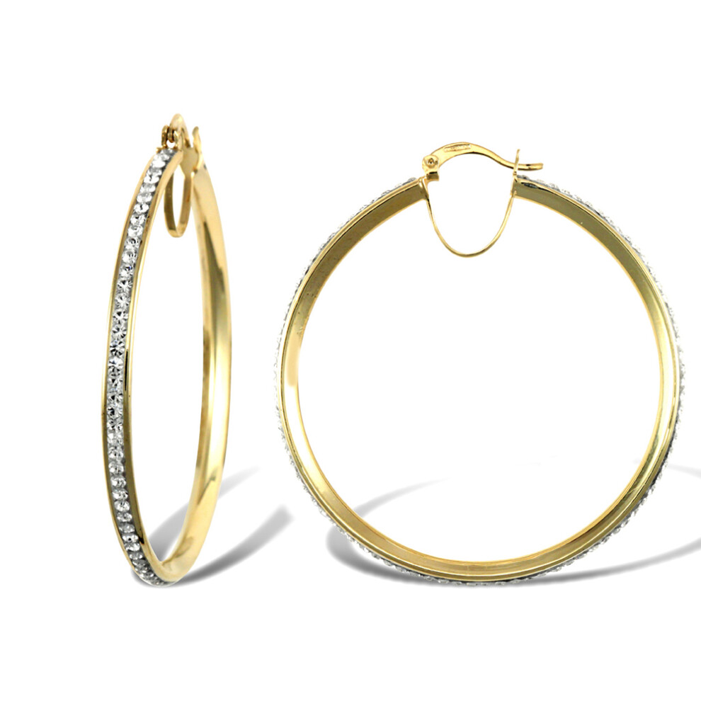 Jewelco London Ladies 9ct Yellow Gold White Round Crystal Eternity 3mm Hoop Earrings 40mm - JER753E