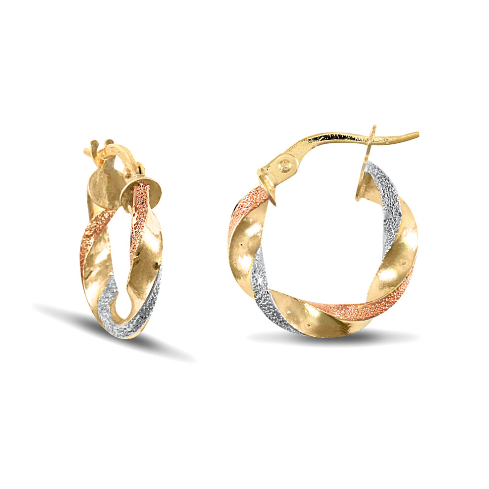 Jewelco London Ladies 9ct Yellow White and Rose Gold Frosted Twisted 3mm Hoop Earrings 16mm - JER662A