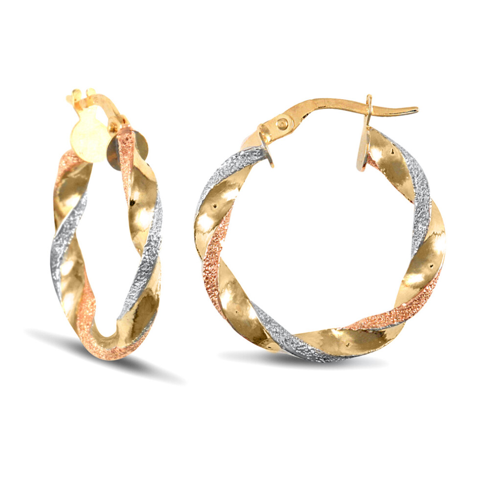 Jewelco London Ladies 9ct Yellow White and Rose Gold Frosted Twisted 3mm Hoop Earrings 22mm - JER662B
