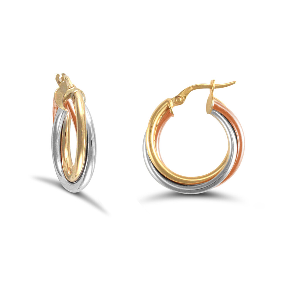 Jewelco London Ladies 9ct Yellow White and Rose Gold Russian Wedding Ring 3mm Hoop Earrings 20mm - JER090