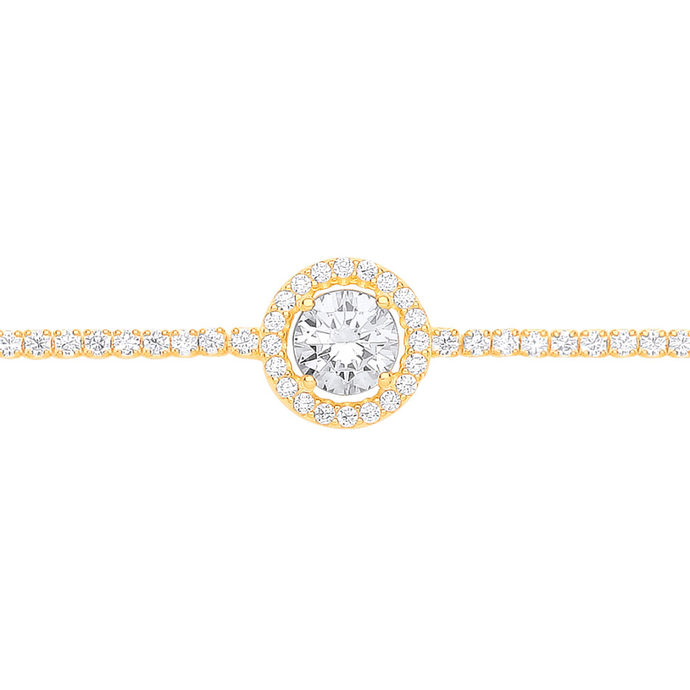 Jewelco London Ladies Gold-Plated Sterling Silver CZ Halo Cluster Solitaire Tennis Bracelet 6.5 + 1 inch - GVB496