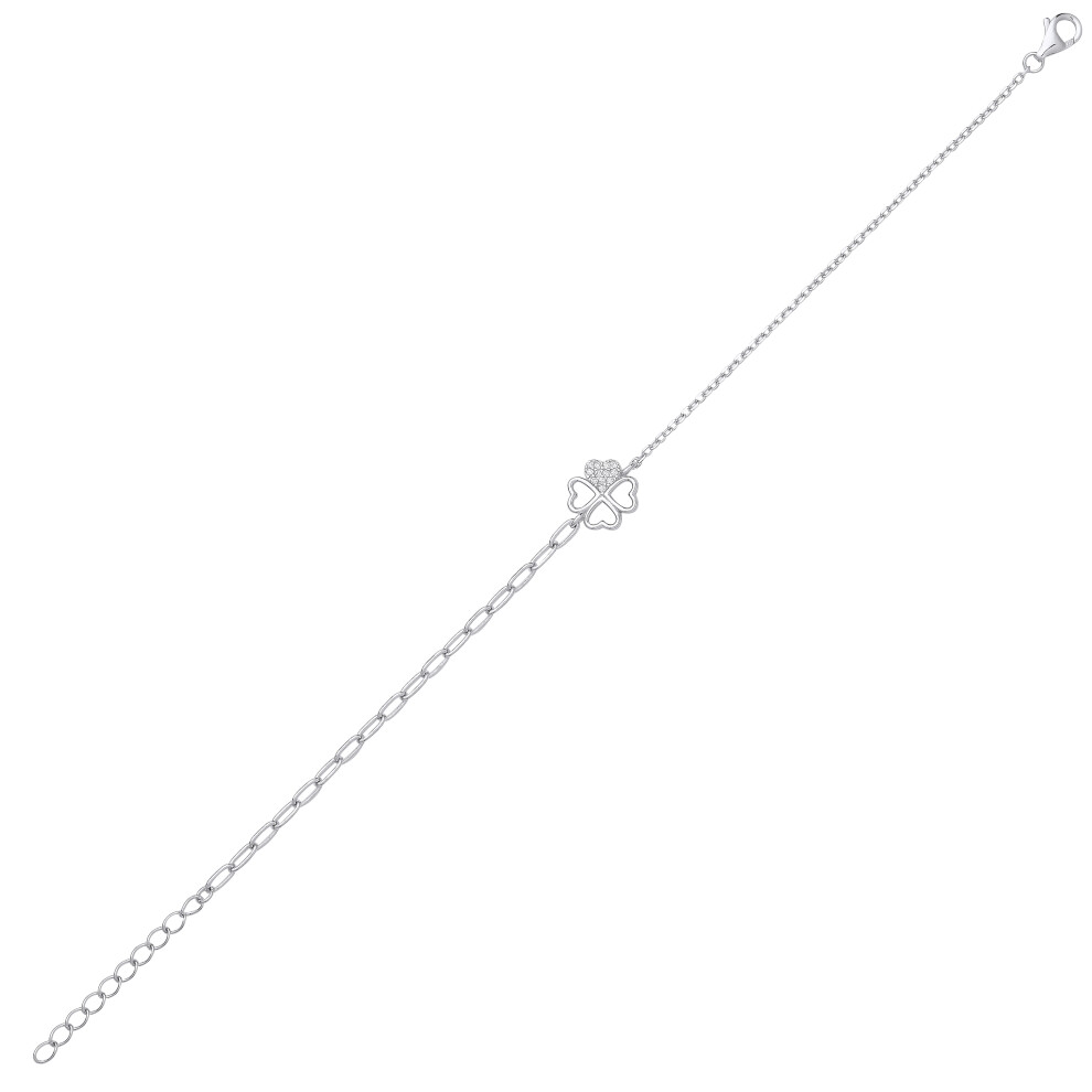 Jewelco London Ladies Rhodium Plated Sterling Silver CZ Love Heart 4 Leaf Clover Rolo Charm Bracelet 2mm 6.5 + 1 inch - GVB537 - Image 2