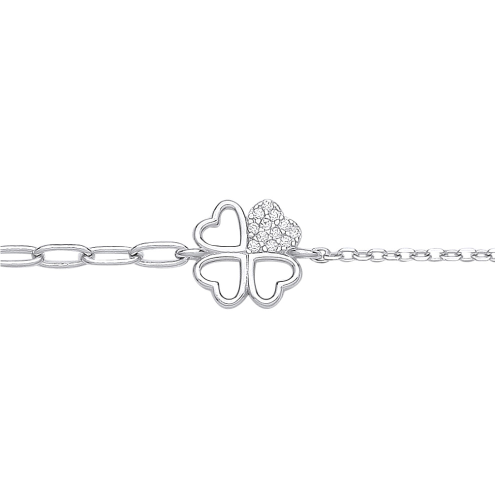 Jewelco London Ladies Rhodium Plated Sterling Silver CZ Love Heart 4 Leaf Clover Rolo Charm Bracelet 2mm 6.5 + 1 inch - GVB537