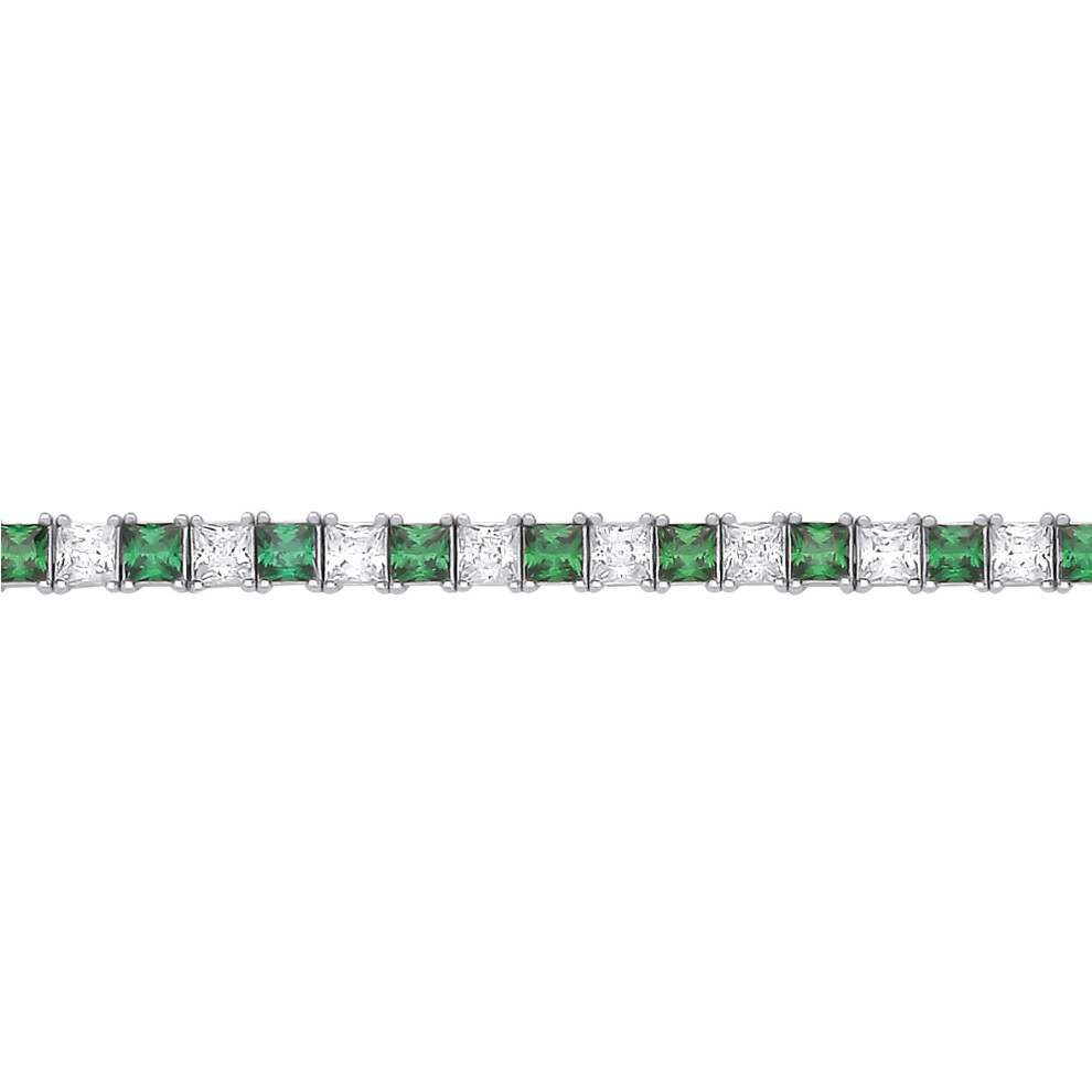 Jewelco London Ladies Rhodium Plated Sterling Silver Green Princess CZ Alternating Eternity Tennis Bracelet 3mm 7 inch - GVB586EM