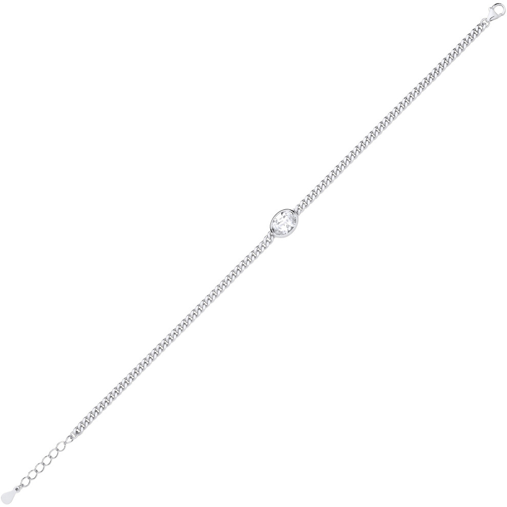 Jewelco London Ladies Rhodium Plated Sterling Silver Oval CZ Bezel Solitaire Curb Chain Bracelet 3mm 7.5 + 1 inch - GVB598RH - Image 2