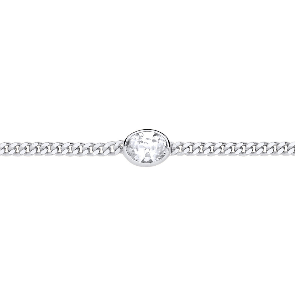 Jewelco London Ladies Rhodium Plated Sterling Silver Oval CZ Bezel Solitaire Curb Chain Bracelet 3mm 7.5 + 1 inch - GVB598RH