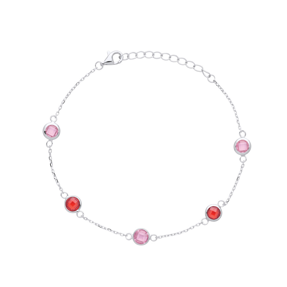 Jewelco London Ladies Rhodium Plated Sterling Silver Pink Red CZ Bubbles By The Inch Station Charm Bracelet 7 + 1 inch - GVB493 - Image 2