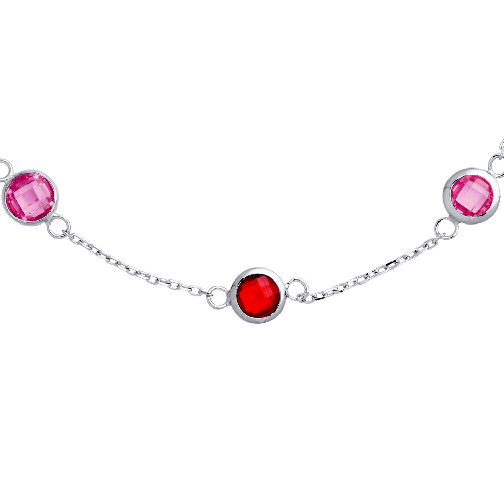Jewelco London Ladies Rhodium Plated Sterling Silver Pink Red CZ Bubbles By The Inch Station Charm Bracelet 7 + 1 inch - GVB493