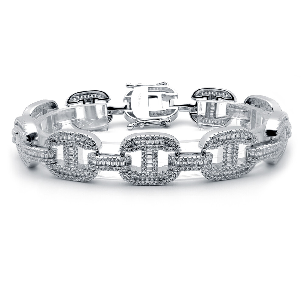 Jewelco London Ladies Rhodium Plated Sterling Silver Round & Baguette CZ Chunky Marine Theta Link Bracelet, 9" - ABB191 - Image 2