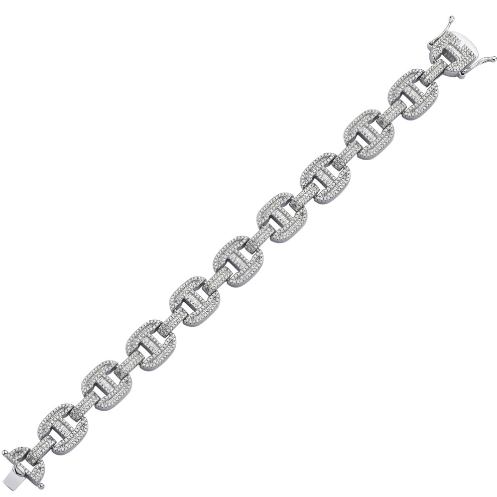 Jewelco London Ladies Rhodium Plated Sterling Silver Round & Baguette CZ Chunky Marine Theta Link Bracelet, 9" - ABB191 - Image 3