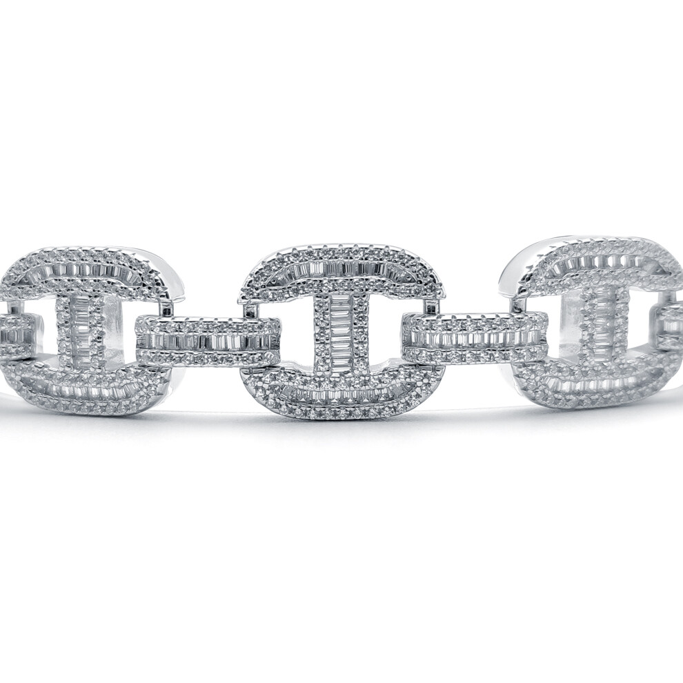 Jewelco London Ladies Rhodium Plated Sterling Silver Round & Baguette CZ Chunky Marine Theta Link Bracelet, 9" - ABB191