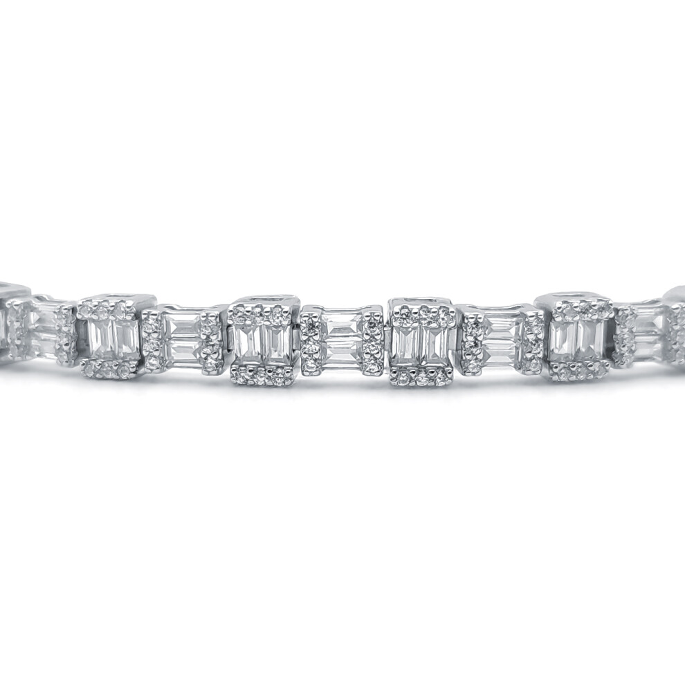 Jewelco London Ladies Rhodium Sterling Silver Round & Baguette CZ Alternating Horizontal Vertical Line Bracelet, 7" - ABB196