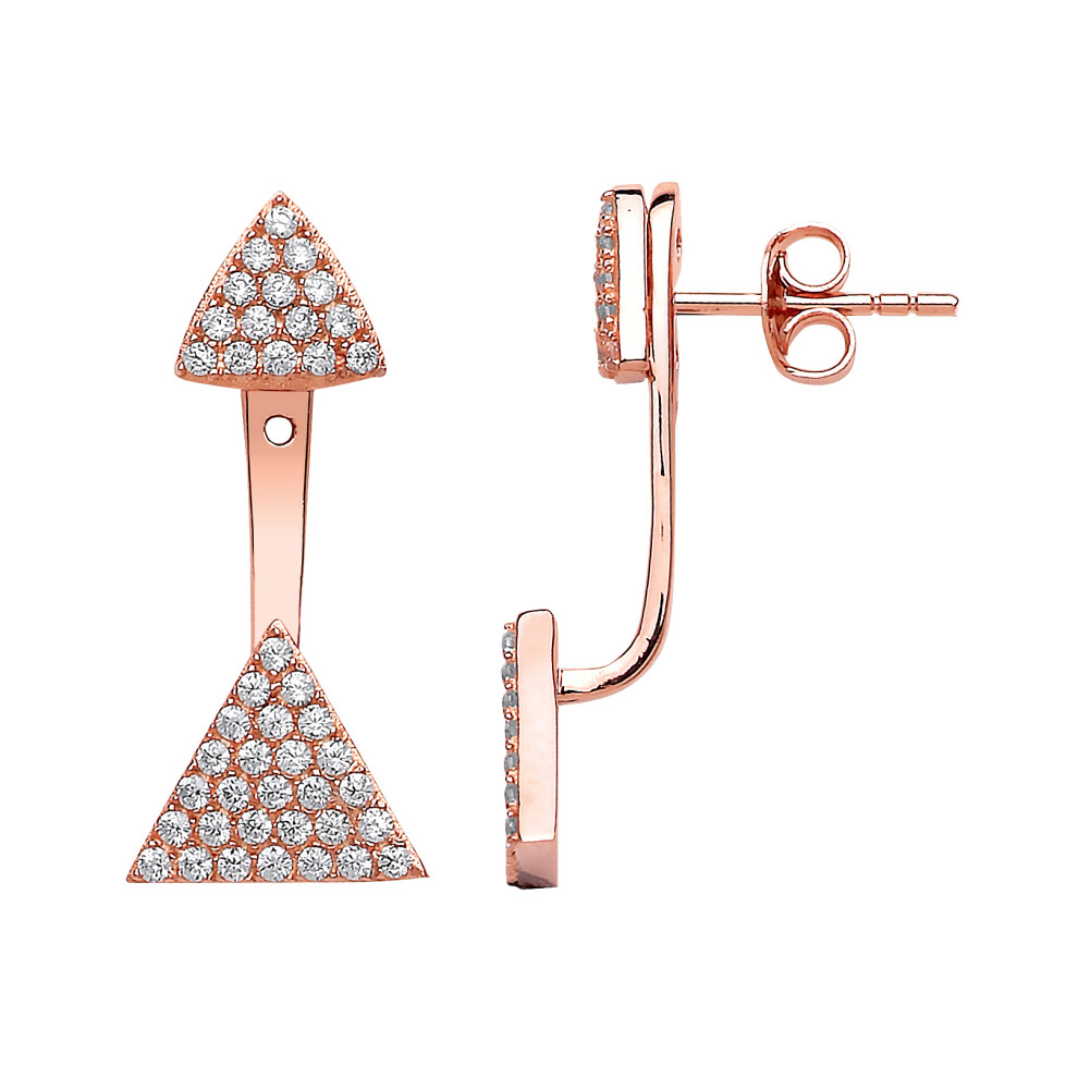 Jewelco London Ladies Rose Gold-Plated Sterling Silver Cubic zirconia Pave Pyramid Double Drop Jacket Earrings - GVE568