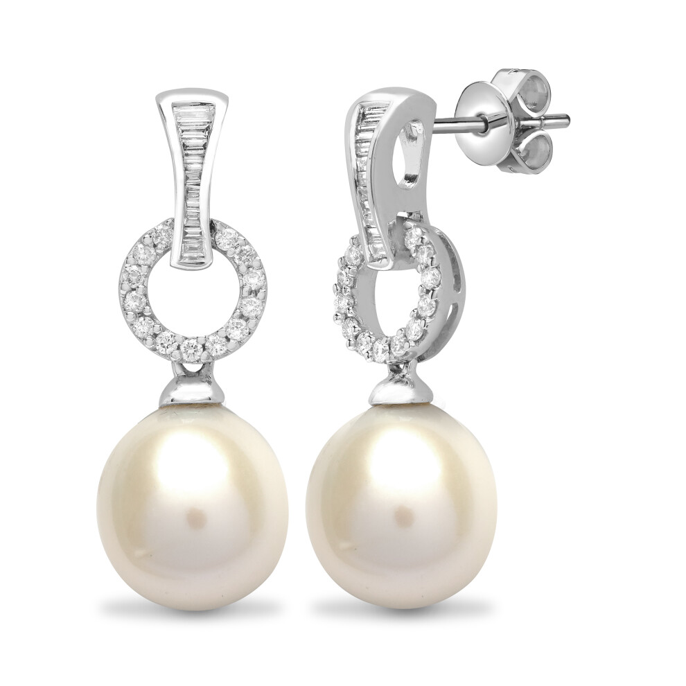 Jewelco London Ladies Solid 18ct White Gold 4 Claw Set G SI1 0.42ct Diamond and Oval Pearl Full Moon Drop Earrings - 18E220