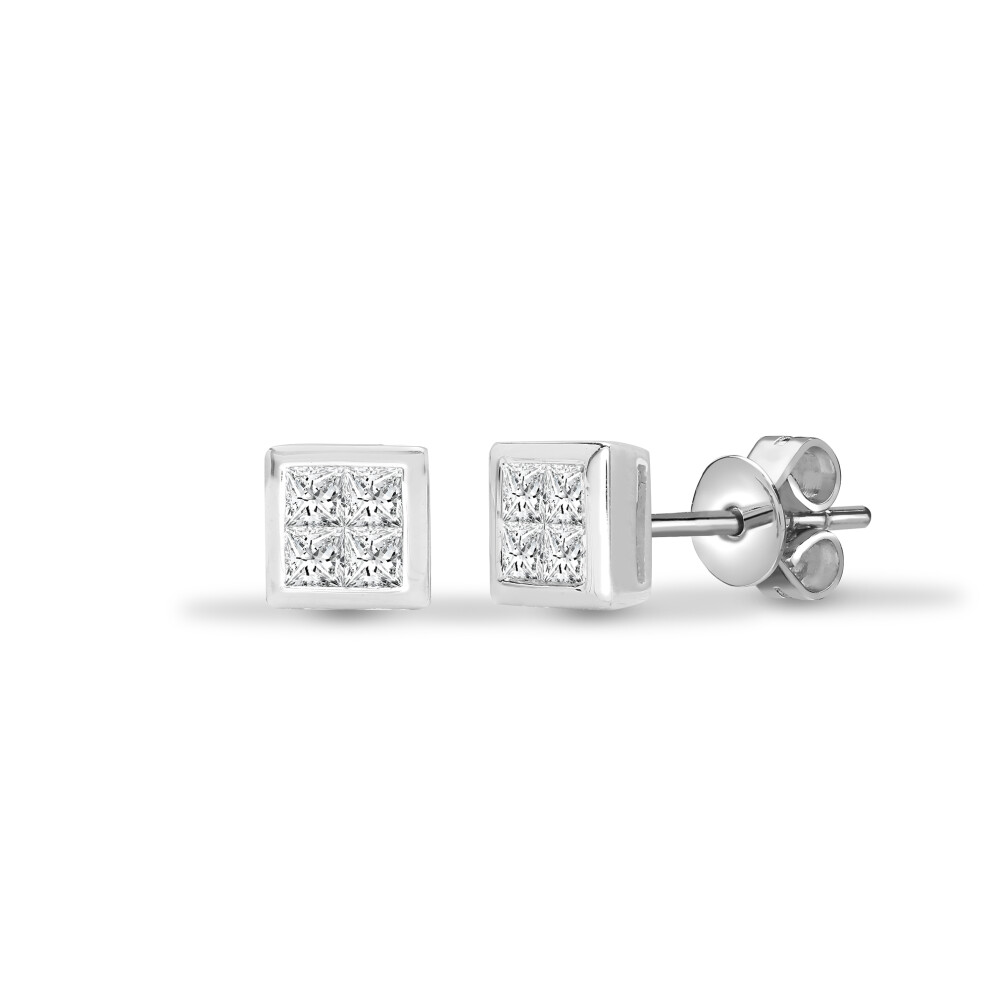 Jewelco London Ladies Solid 18ct White Gold Rub Over Set Princess G VS 0.5ct Diamond Illusion Solitaire Stud Earrings - 18E126