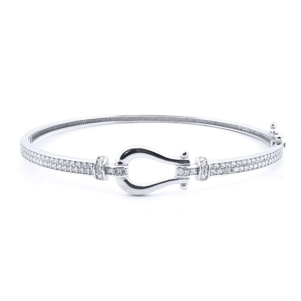 Jewelco London Ladies Solid 9ct White Gold Cubic Zirconia Hinged Noose Hook Loop Stirrup 3mm Bangle Bracelet - JBG351